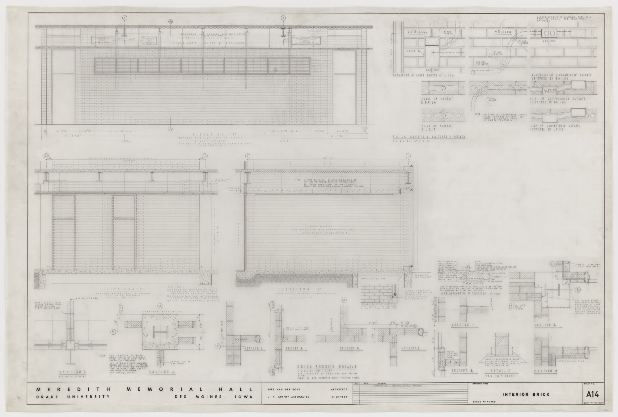 Ludwig Mies van der Rohe. Meredith Memorial Hall, Drake University, Des Moines, IA (Plans, elevations, sections: interior brick)