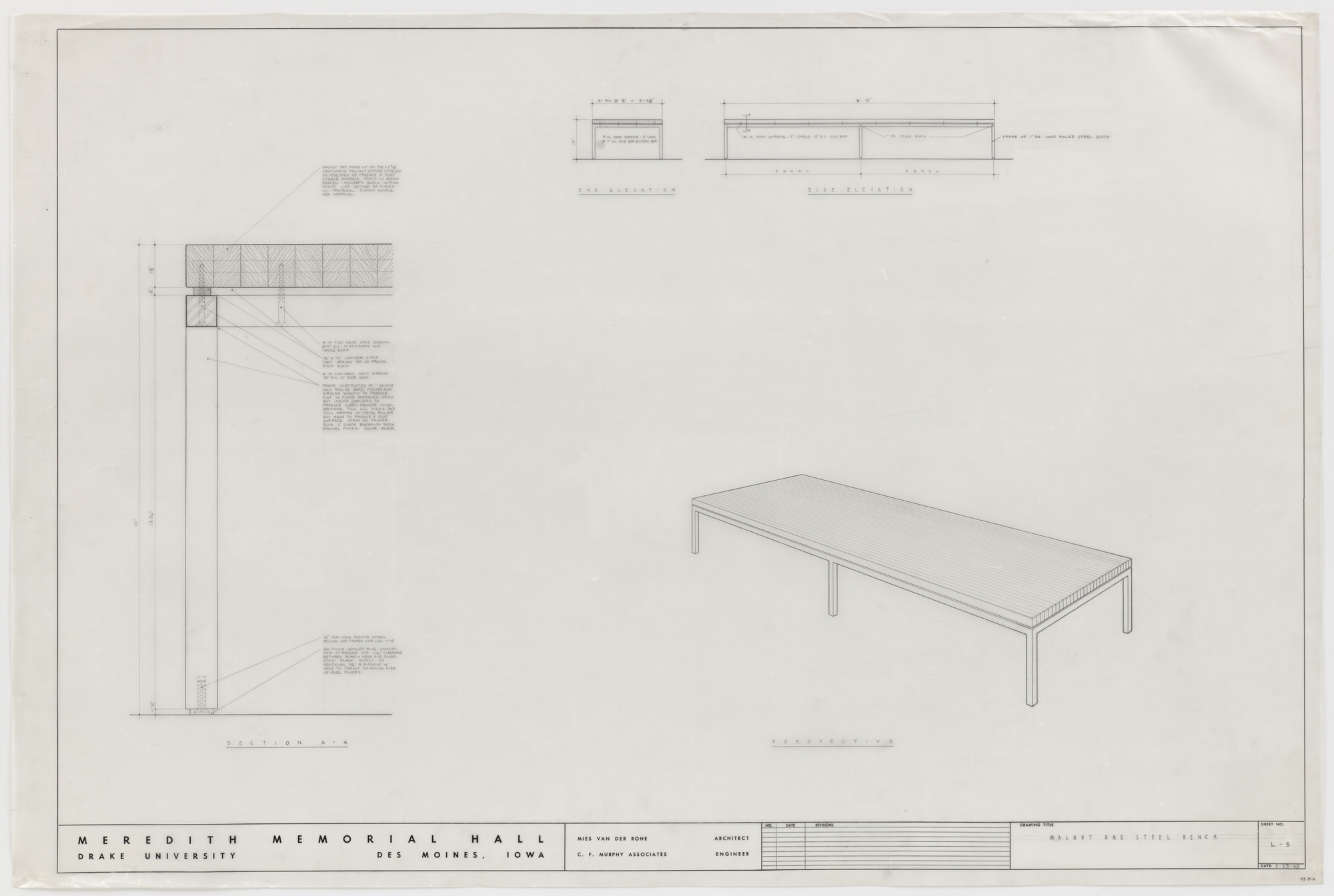 Ludwig Mies van der Rohe. Meredith Memorial Hall, Drake University, Des Moines, IA (Elevation, section, perspective: walnut and steel bench)