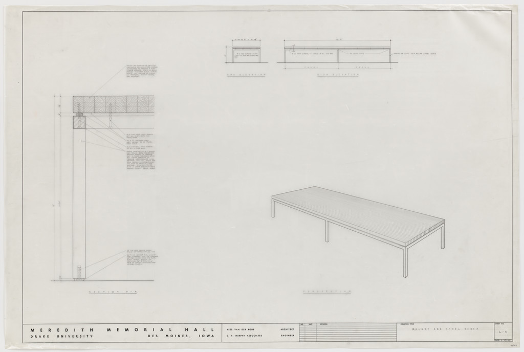 Meredith Memorial Hall, Drake University, Des Moines, IA (Elevation, section, perspective: walnut and steel bench)