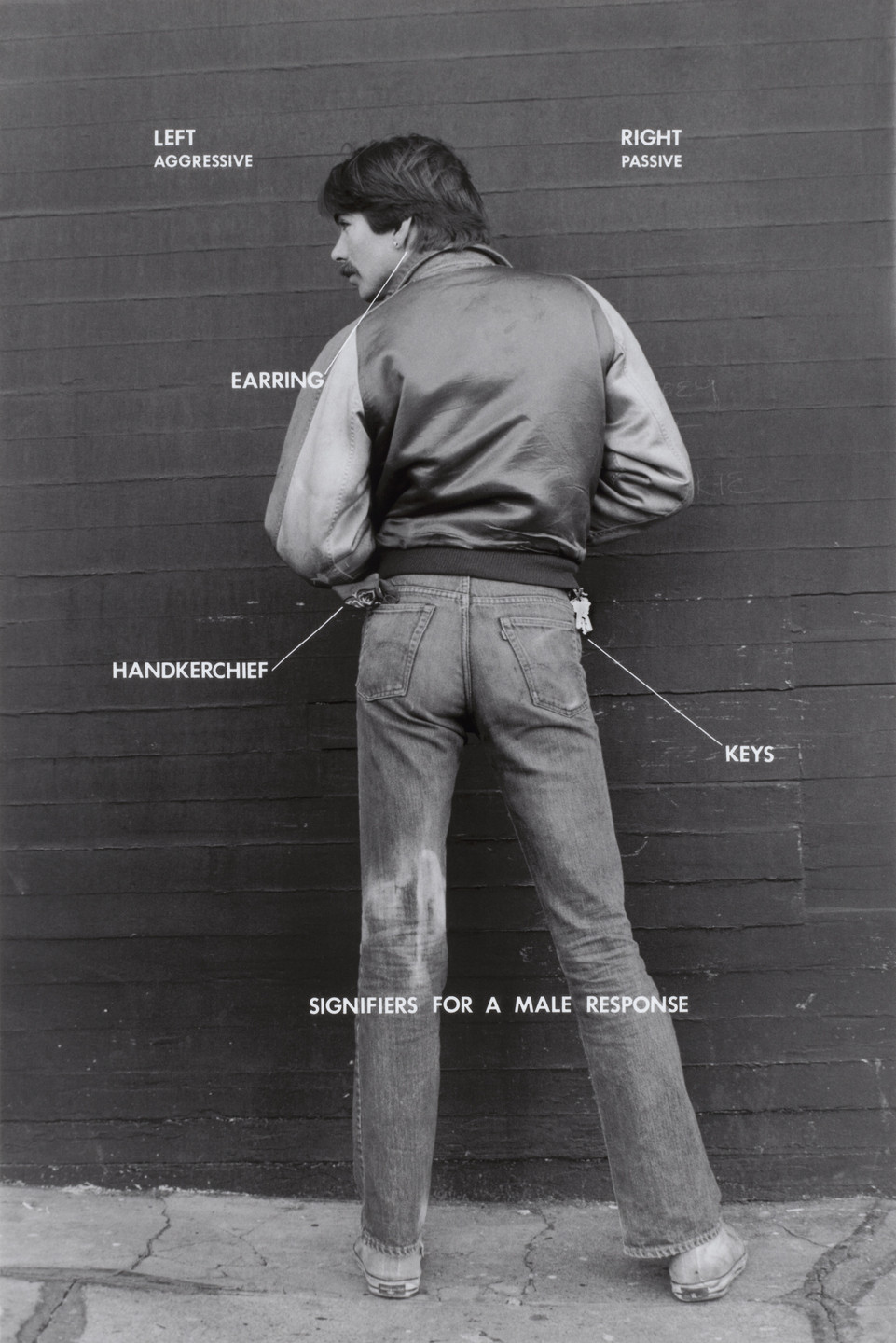 A black and white image shows a person with short hair facing a wall, wearing a jacket and jeans. Text labels indicate points like "Earring," "Handkerchief," and "Keys." This is an AI generated description. To give feedback, email ai@moma.org.