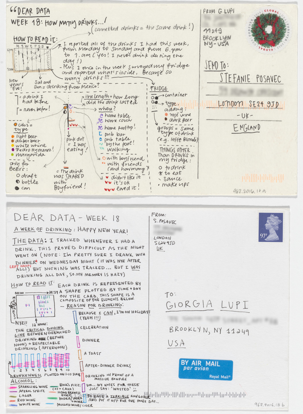 Giorgia Lupi, Stefanie Posavec. Dear Data: Week 18 (How Many Drinks / A Week of Drinking). 2015