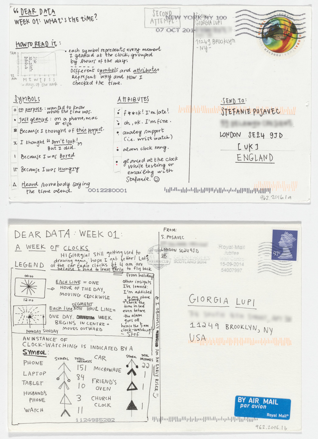 Giorgia Lupi, Stefanie Posavec. Dear Data: Week 1 (What&#39;s the Time / A Week of Clocks). 2014