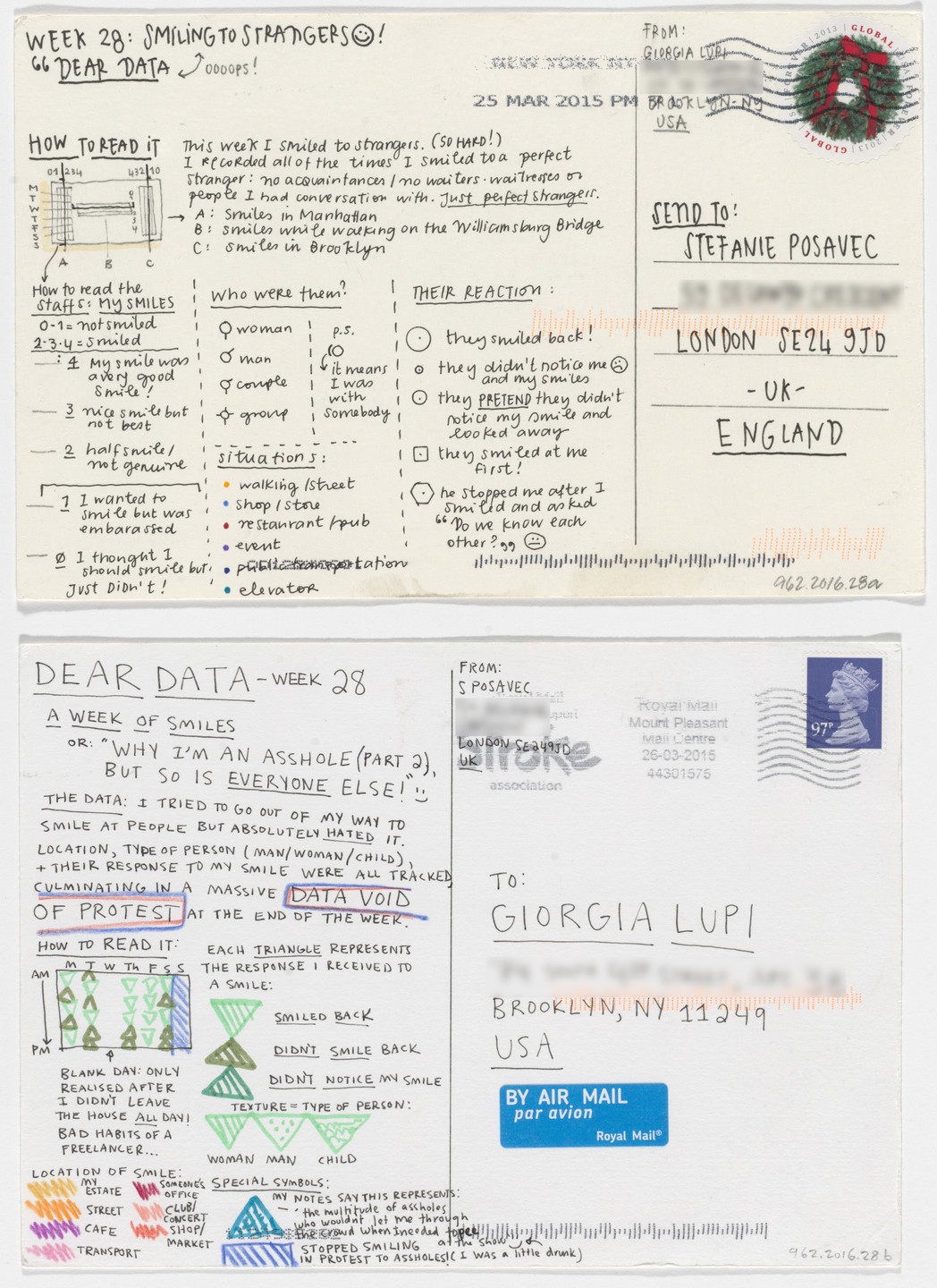 Giorgia Lupi, Stefanie Posavec. Dear Data: Week 28 (Smiling To Strangers / A Week of Smiles). 2015