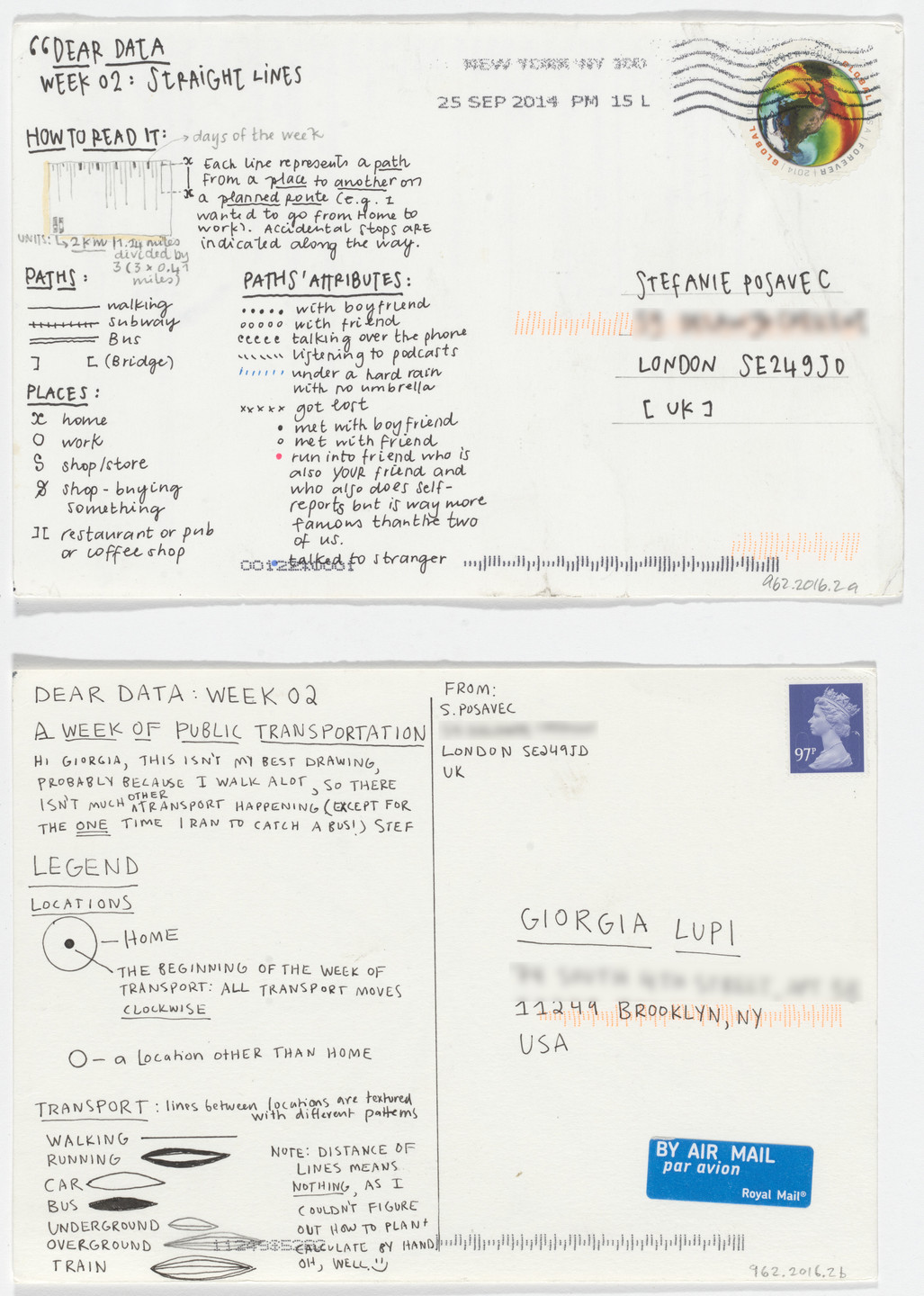 Giorgia Lupi, Stefanie Posavec. Dear Data: Week 2 (Straight Lines / A Week of Public Transportation). 2014