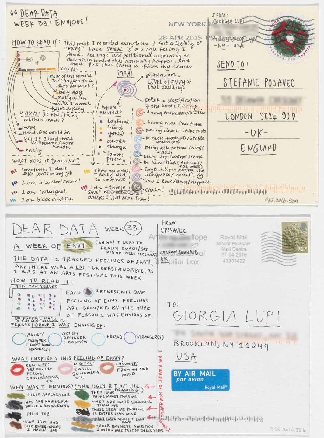 Giorgia Lupi, Stefanie Posavec. Dear Data: Week 33 (Envious / A Week of Envy). 2015