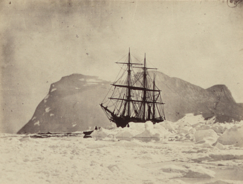 George P. Critcherson, John L. Dunmore, William Bradford. "The steamer under Wilcox Mountain, in the ice pack and hummocks"