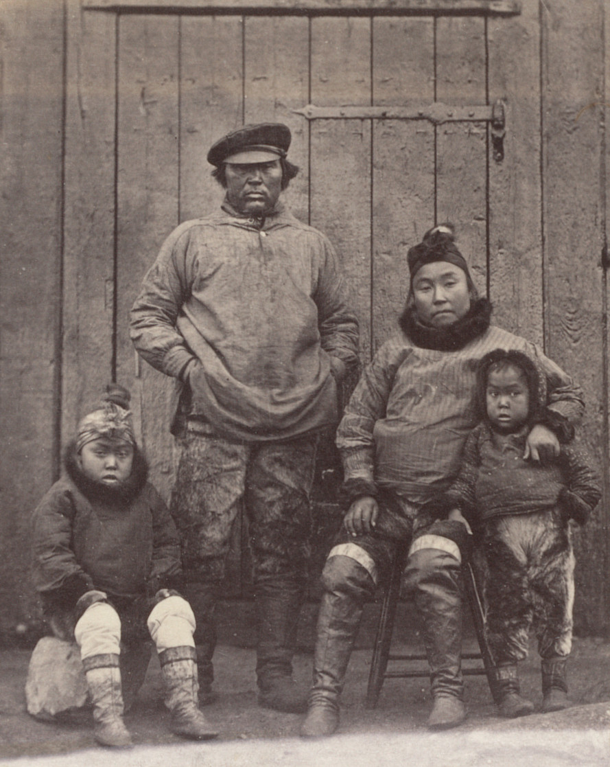 George P. Critcherson, John L. Dunmore, William Bradford. "Hans, his wife, and children. Hans was with Dr. Kanes in his expedition, also with Dr. Hayes in 1860 and 1861, and is now with the United States Exploring Expedition under Captain Hall."