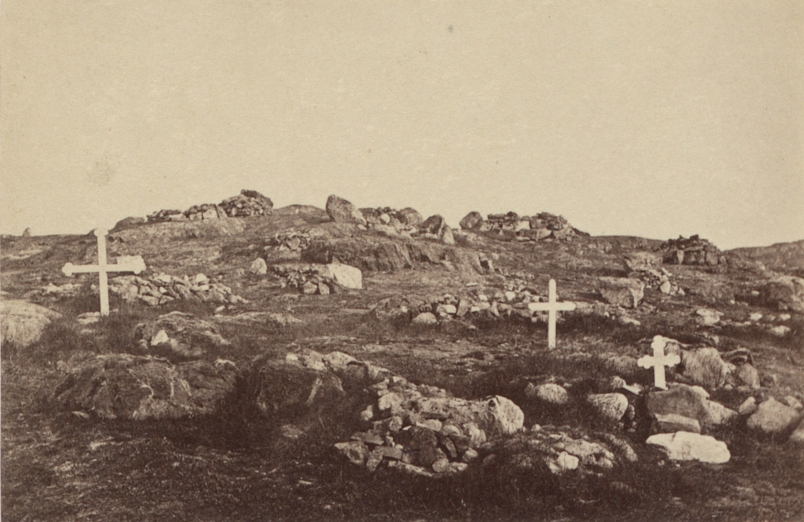 George P. Critcherson, John L. Dunmore, William Bradford. "An Esquimaux burial ground. The crosses have been placed here by some of the whalers, who had lost some one of their number.". 1869
