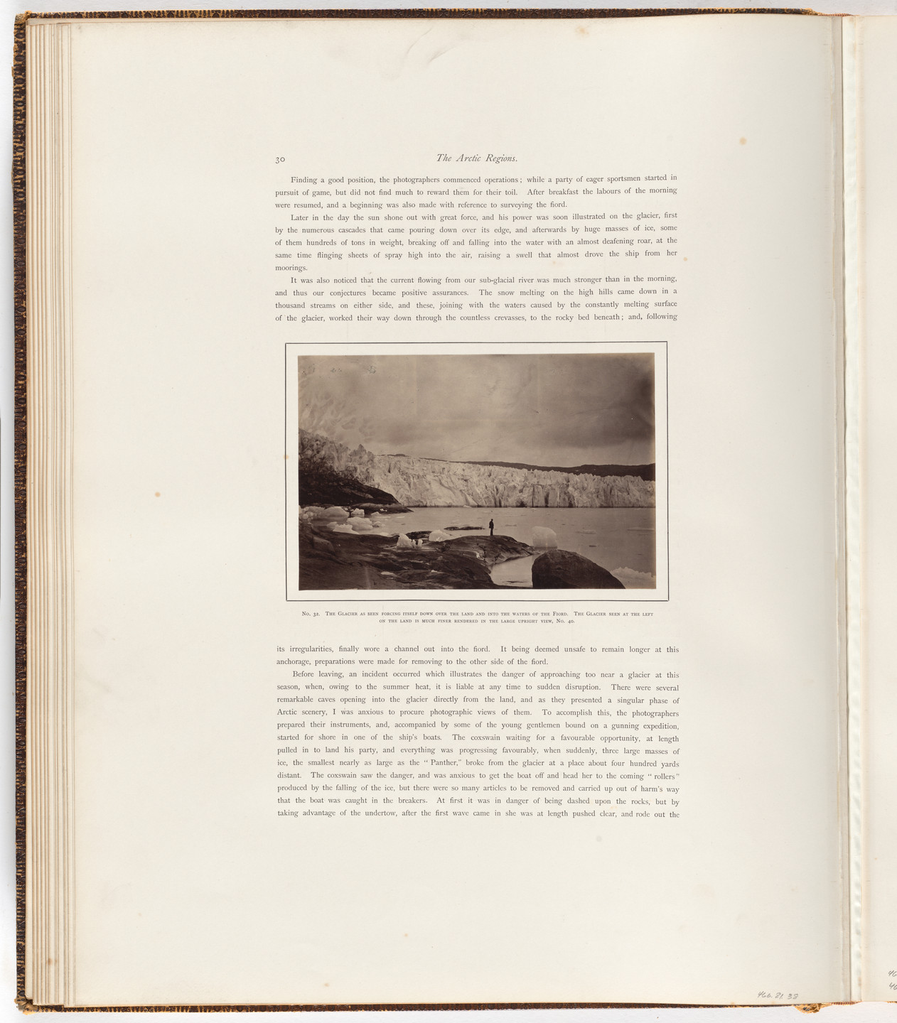 George P. Critcherson, John L. Dunmore, William Bradford. "The Glacier as seen forcing itself down over the land and into the waters of the Fiord. The Glacier seen at the left on the land is much finer rendered in the large upright view, No. 40.". 1869