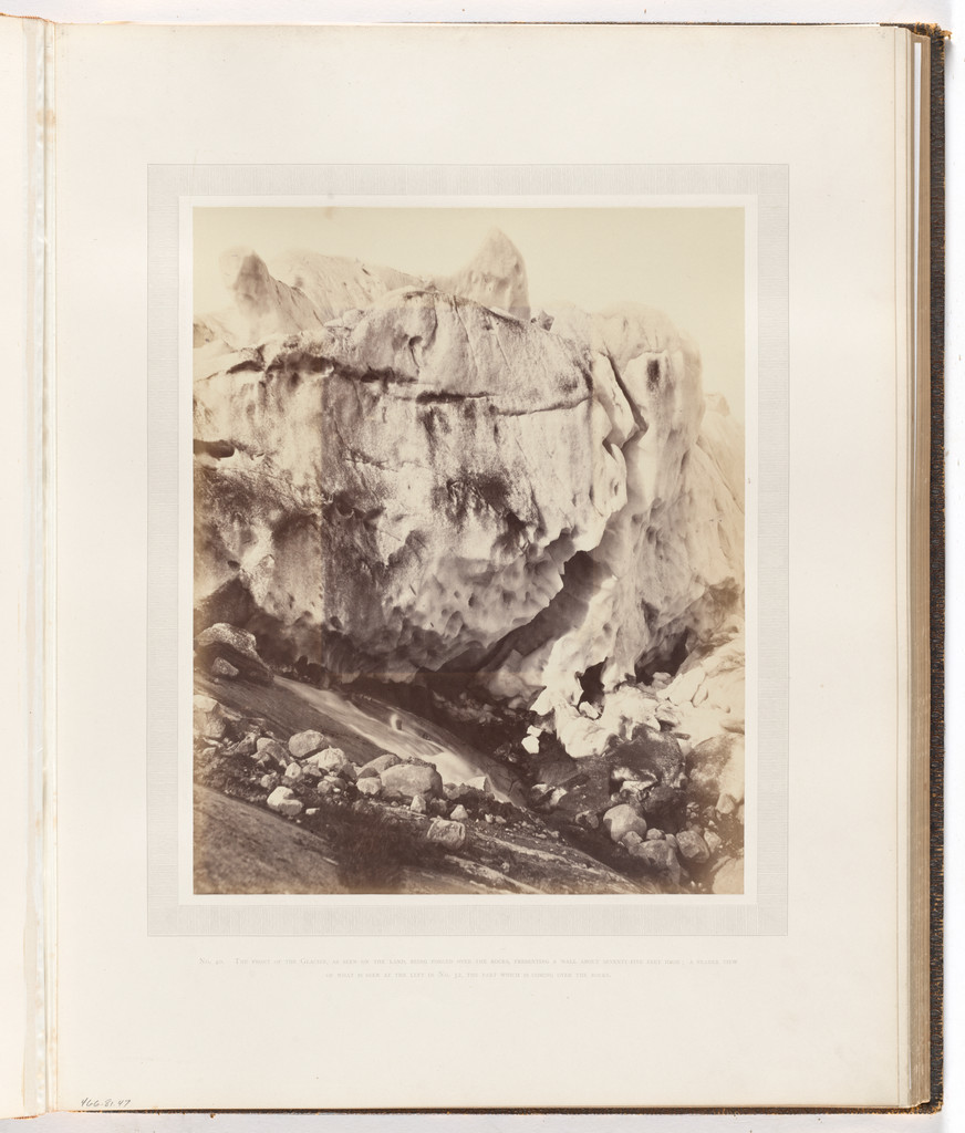 "The front of the glacier, as seen on the land, being forced over the rocks"