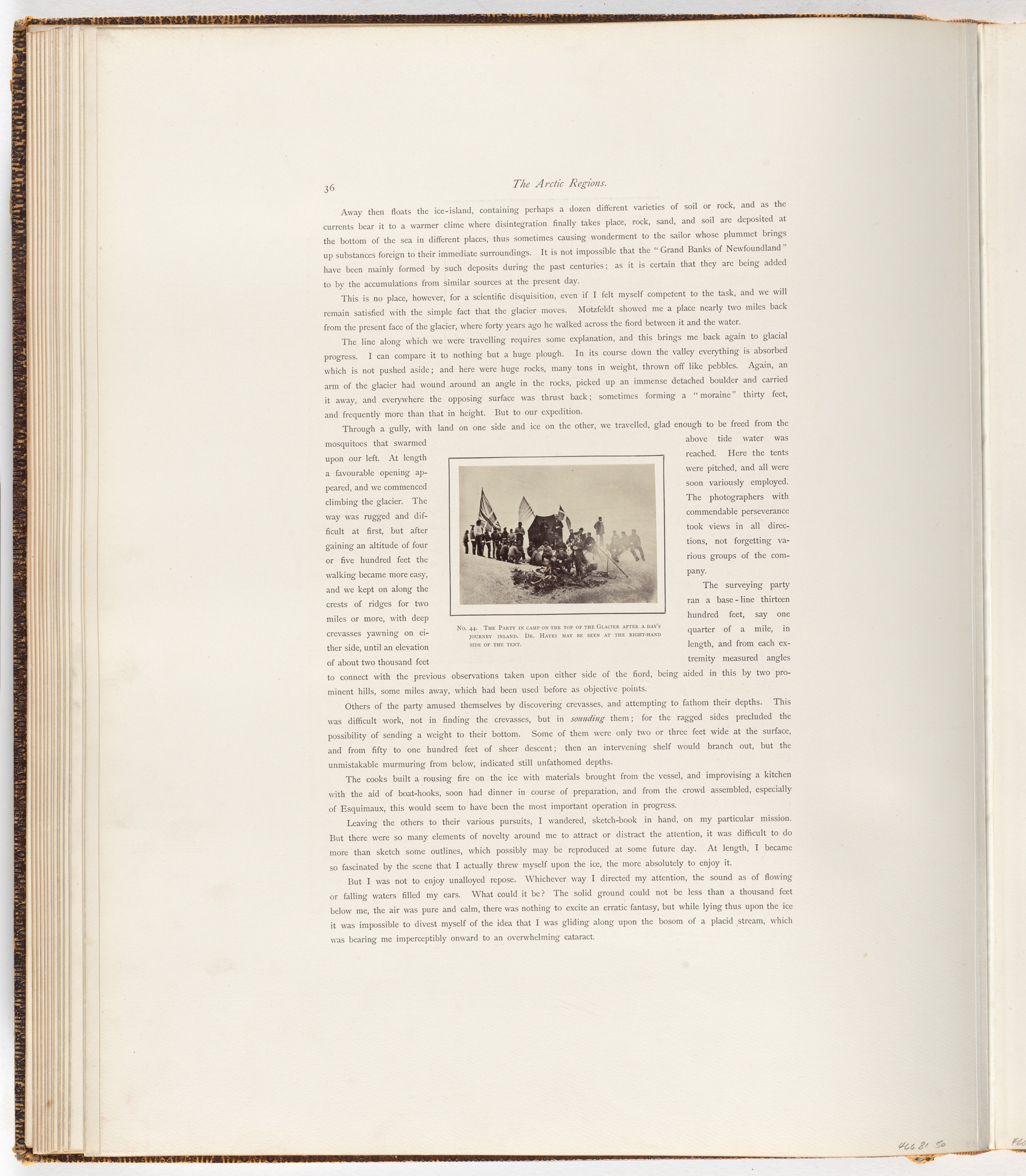 George P. Critcherson, John L. Dunmore, William Bradford. "The party in camp on the top of the Glacier after a day's journey inland. Dr. Hayes may be se en at the right-hand side of the tent."