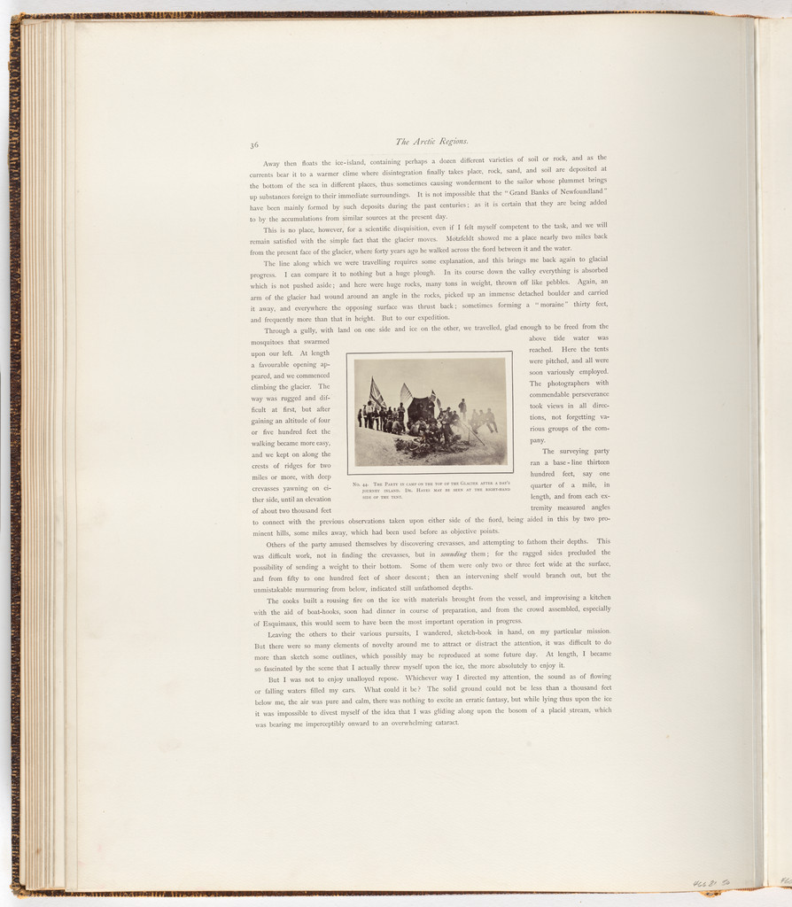 "The party in camp on the top of the Glacier after a day's journey inland. Dr. Hayes may be se en at the right-hand side of the tent."