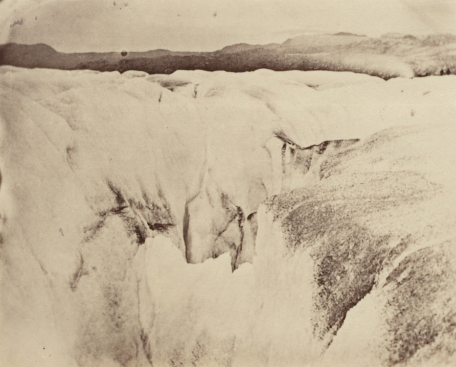 George P. Critcherson, John L. Dunmore, William Bradford. "View of the top of the Glacier, showing the crevasses, with the party in the distance."