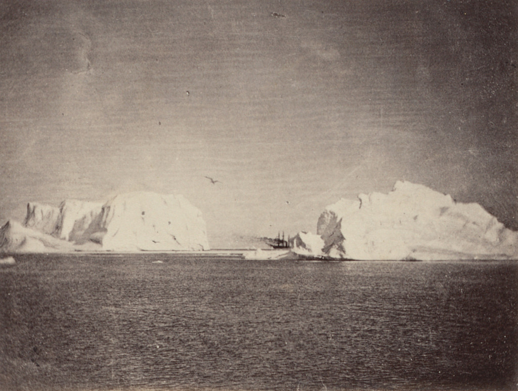 "The steamer among the icebergs heading to the northward"