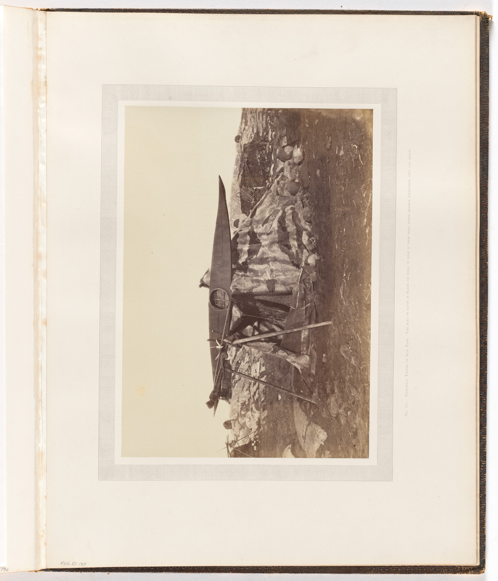 George P. Critcherson, John L. Dunmore, William Bradford. "Esquimaux Toupek or Skin Tent. The boat or kayak is placed on poles to keepit from dogs, which destroy everything they can reach."