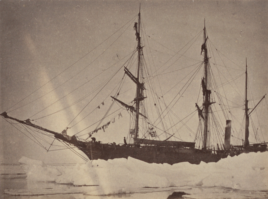 George P. Critcherson, John L. Dunmore, William Bradford. "Moored alongside the hummock ice, near a grounded berg, taking in fresh water". 1869