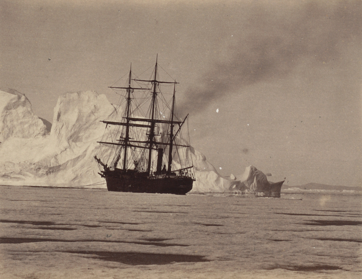 George P. Critcherson, John L. Dunmore, William Bradford. "In an open lead between the floe and iceberg"