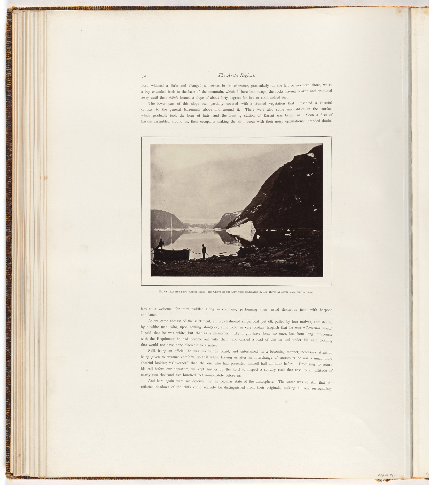 George P. Critcherson, John L. Dunmore, William Bradford. "Looking down Karsut Fiord - the cliffs on the left were calculated by Dr. Hayes at about 4,000 feet in height."