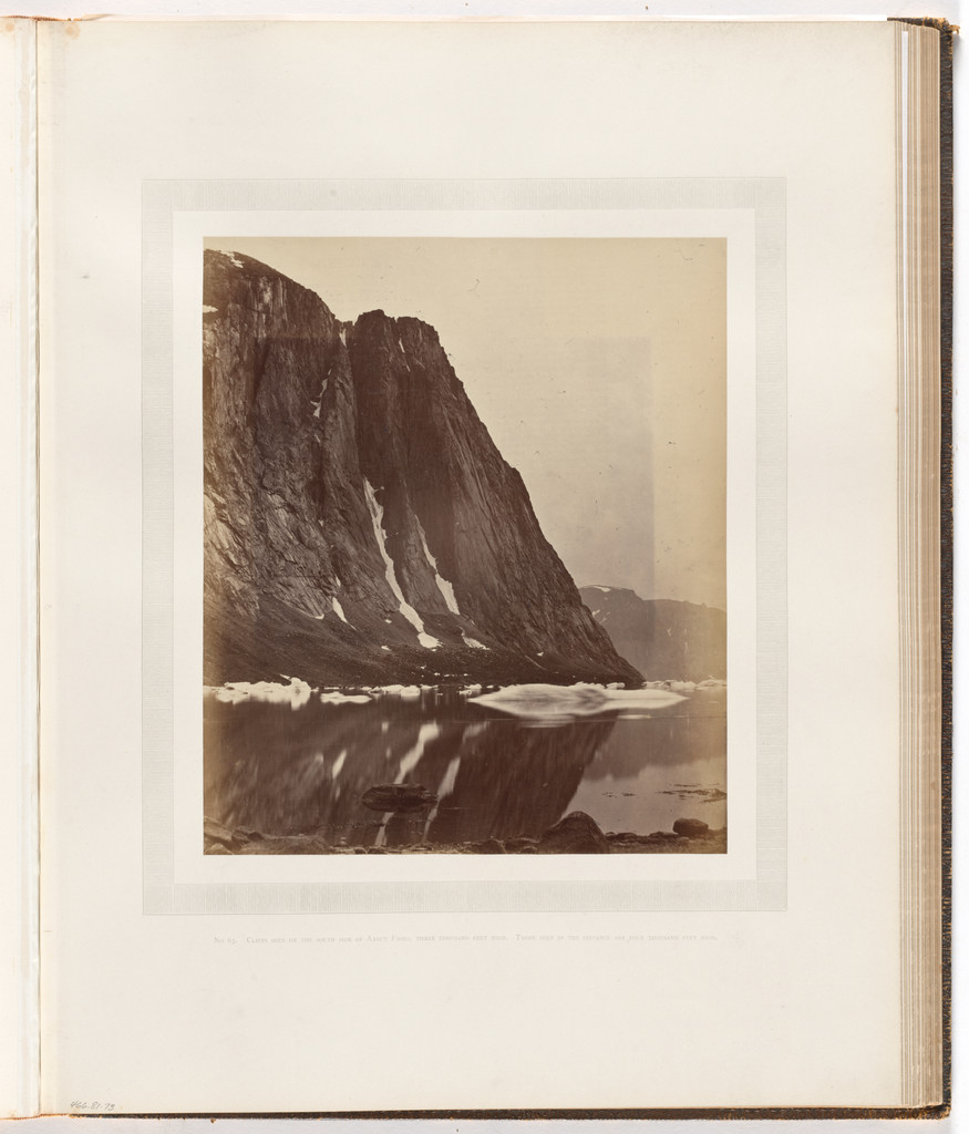 "Cliffs seen on the south side of Arsut Fiord, three thousand feet high. Those seen in the distance are four thousand feet high."