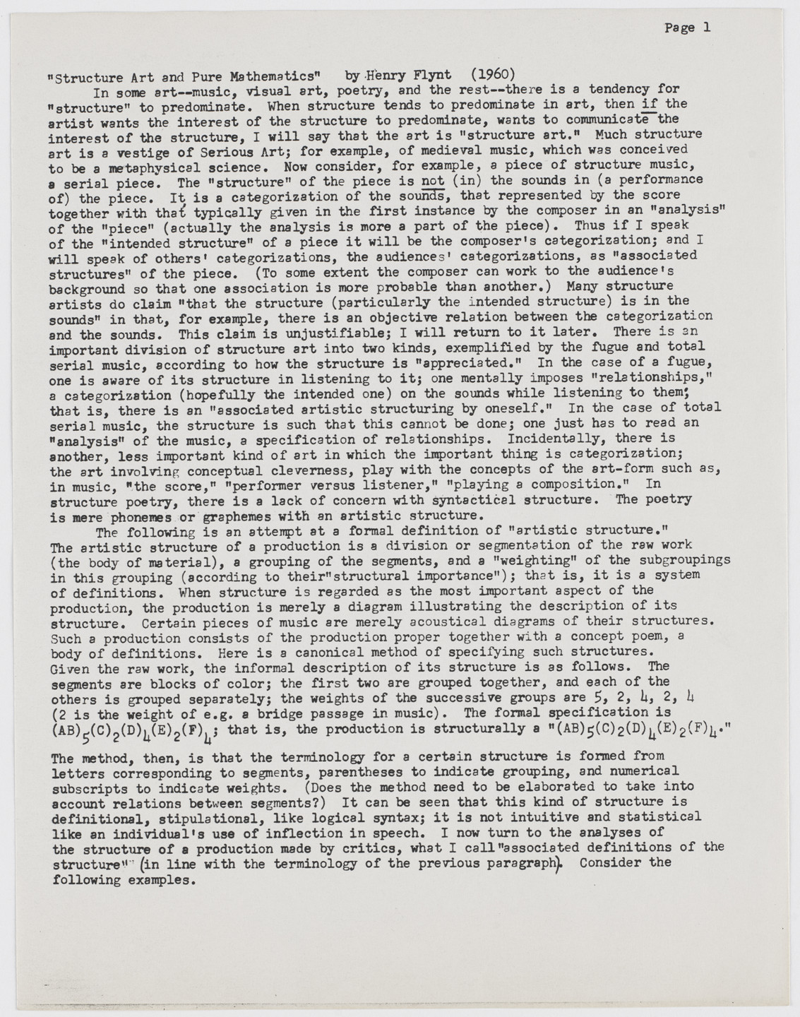 Henry Flynt. Structure Art and Pure Mathematics. 1960