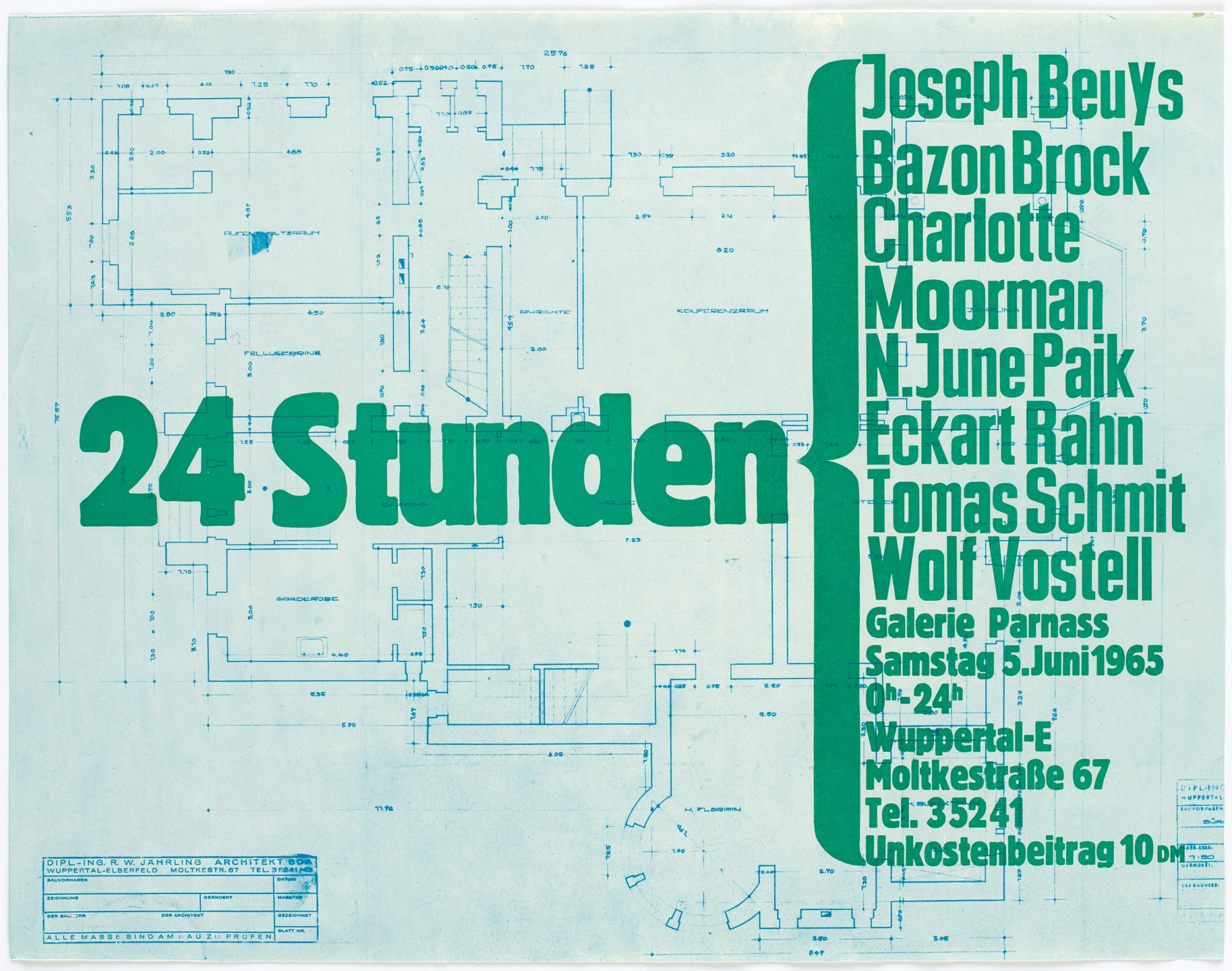 Bazon Brock, Joseph Beuys, Charlotte Moorman, Nam June Paik, Eckart Rahn, Tomas Schmit, Wolf Vostell. Poster for 24 Stunden (24 Hours),, Galerie Parnass, Wuppertal, June 5, 1965. 1965