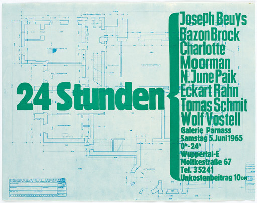 Bazon Brock with Joseph Beuys, Charlotte Moorman, Nam June Paik, Eckart Rahn, Tomas Schmit, Wolf Vostell. Poster for 24 Stunden (24 Hours),, Galerie Parnass, Wuppertal, June 5, 1965. 1965