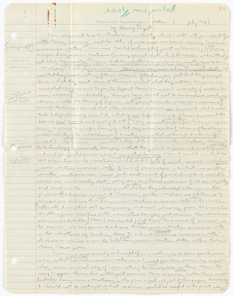 Exercise Awareness-States: Earliest version, Henry Flynt, 1961