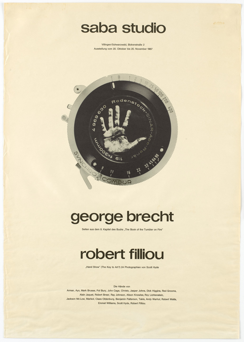 Designer Unidentified, George Brecht, Robert Filliou. Poster for George Brecht &amp; Robert Filliou, Saba Studio, Villingen, October 20–November 20, 1967. 1967