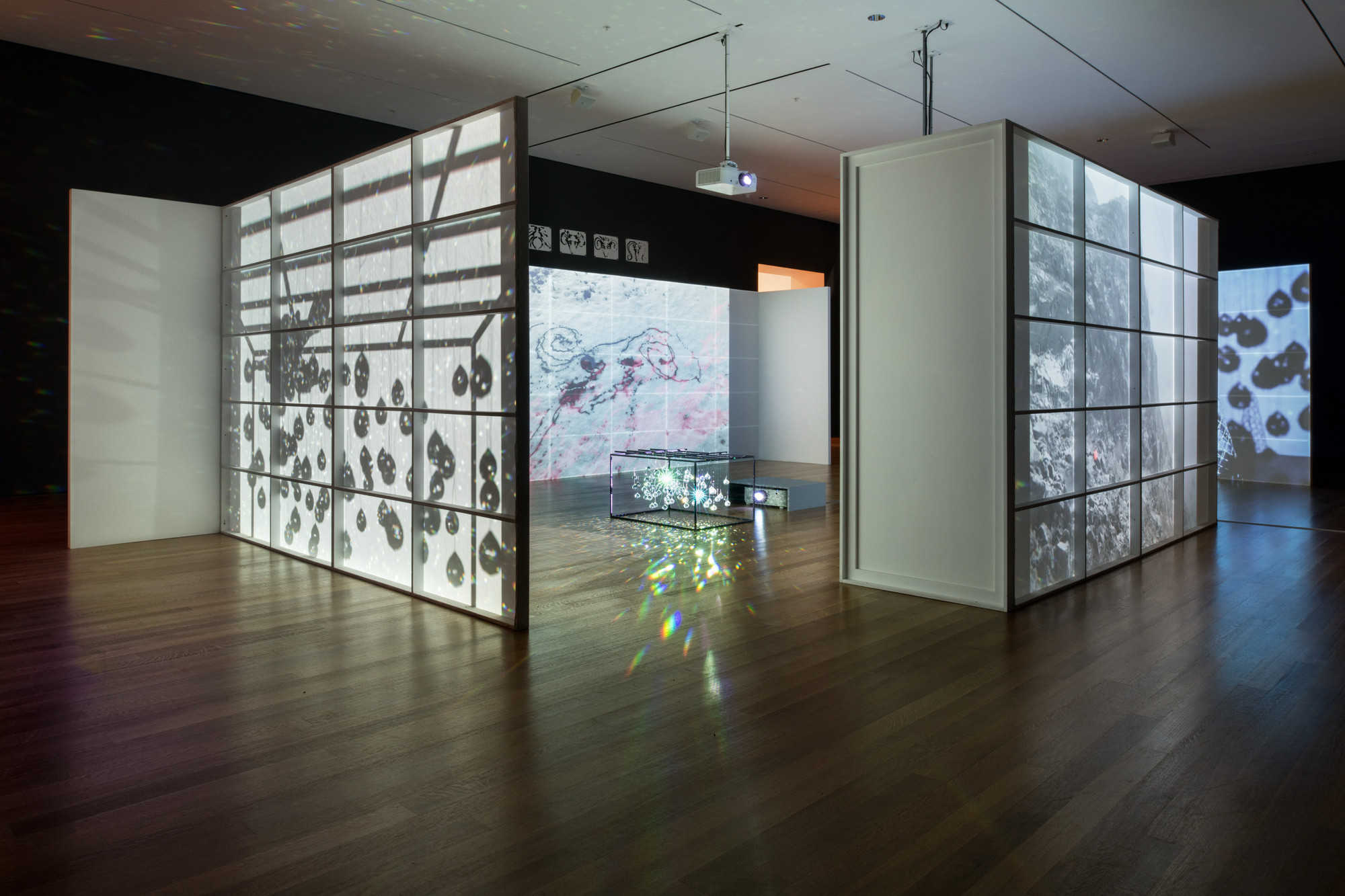 The image shows a room with large panels displaying black and white images and patterns, illuminated by overhead projectors. There are reflections on the wooden floor and a small box emitting light in the center. This is an AI generated description. To give feedback, email ai@moma.org.