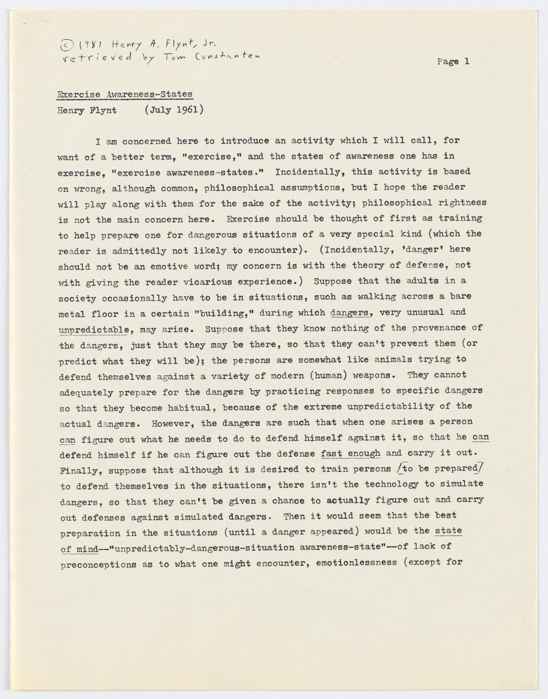 Henry Flynt. Exercise Awareness-States: Photocopy of recent typescript of Version &#34;a&#34;. 1964