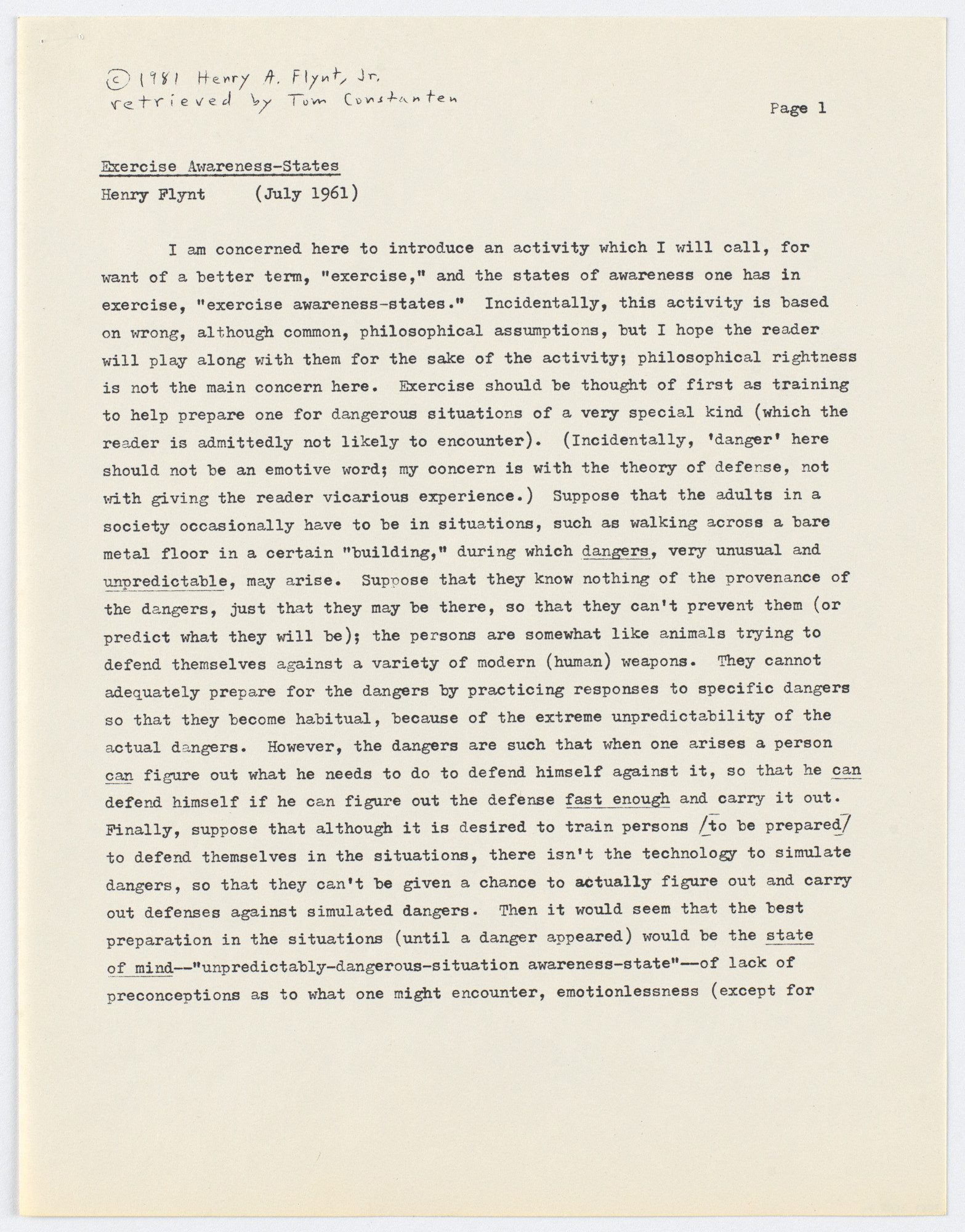 Henry Flynt. Exercise Awareness-States: Photocopy of recent typescript of Version "a"