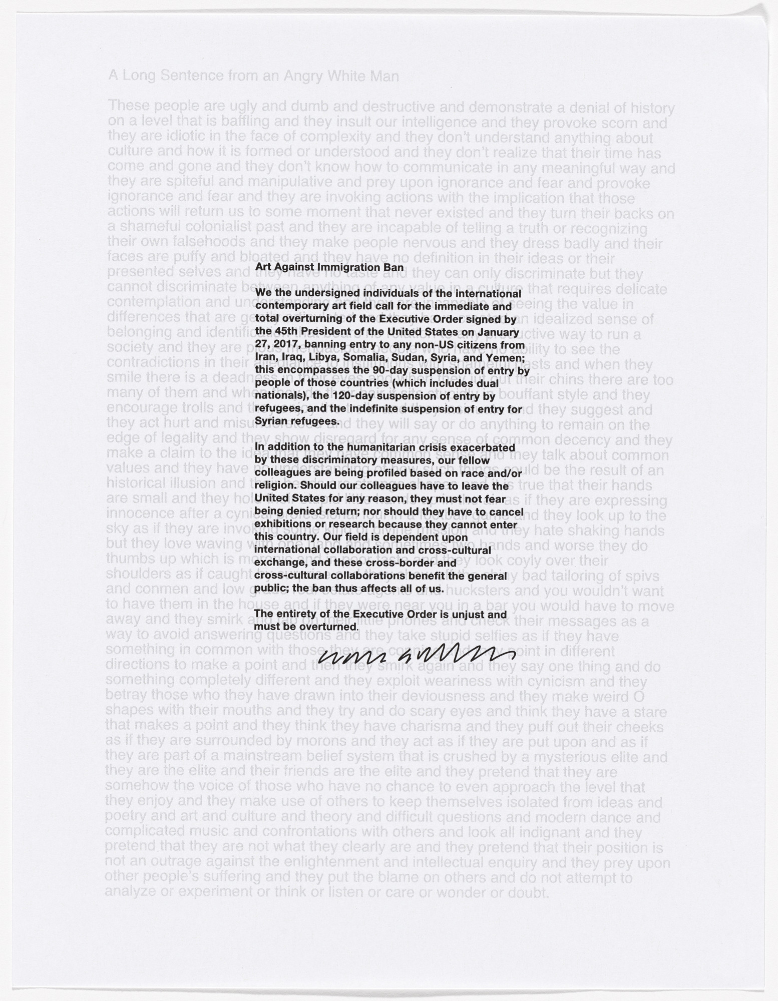 Liam Gillick. Untitled from Art Against Immigration Ban Letter Portfolio