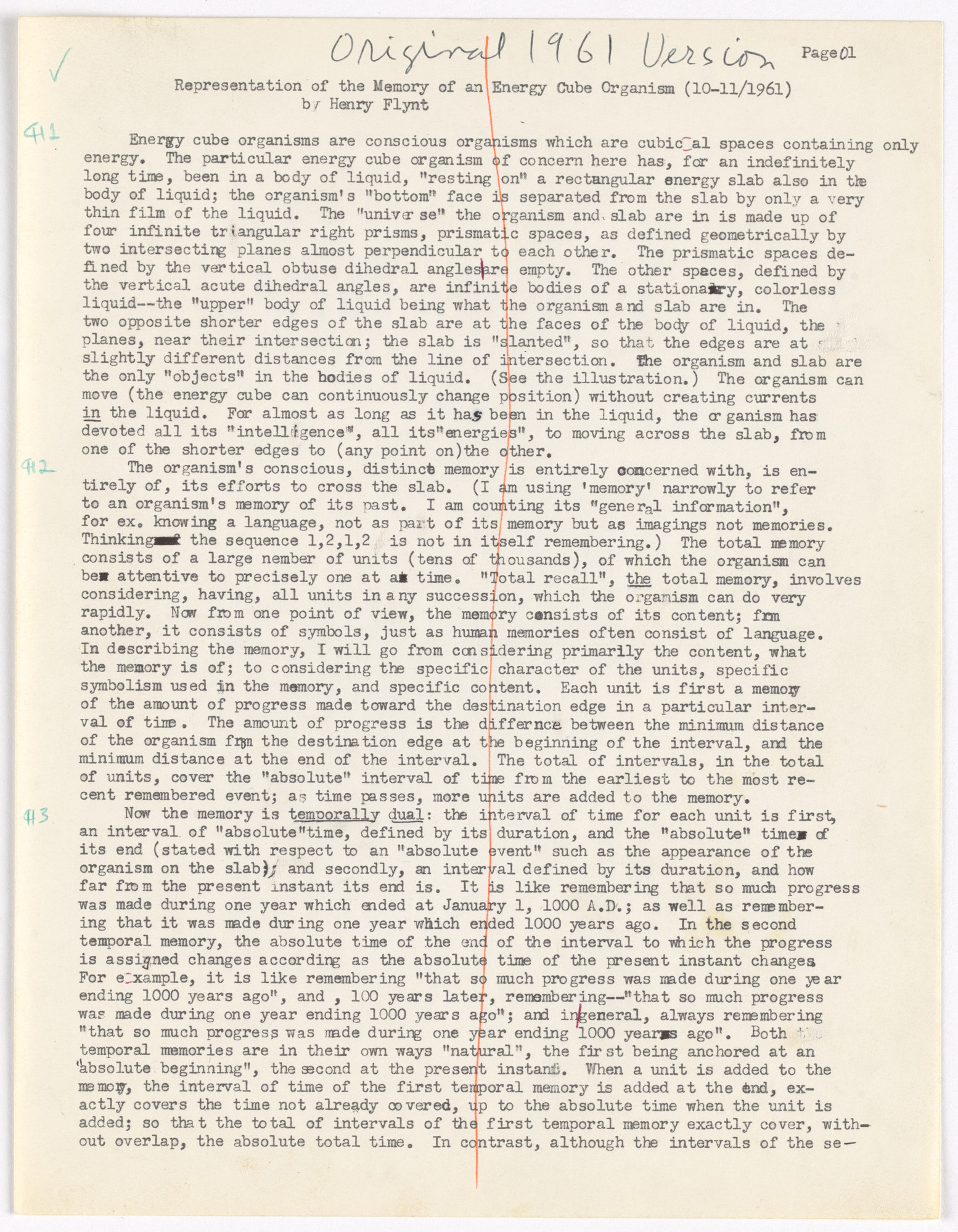 Henry Flynt. Representation of the Memory of an Energy Cube Organism: Mid-sixties typescript