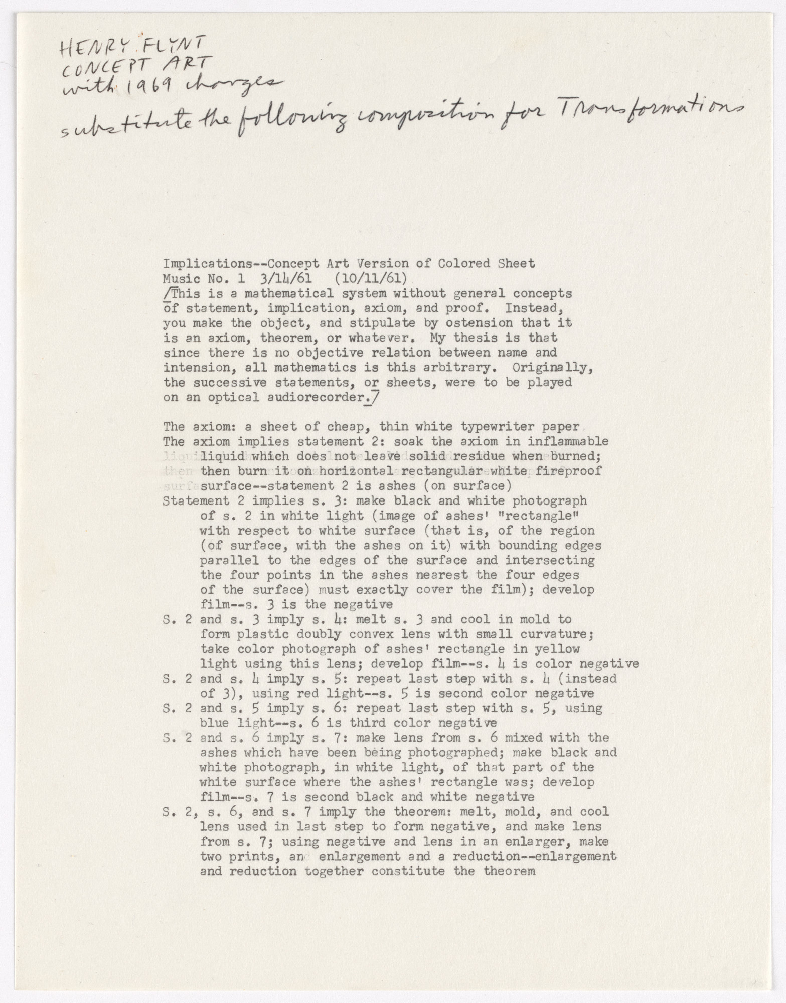 Henry Flynt. Implications-Concept Art Version of Colored Sheet Music No. 1