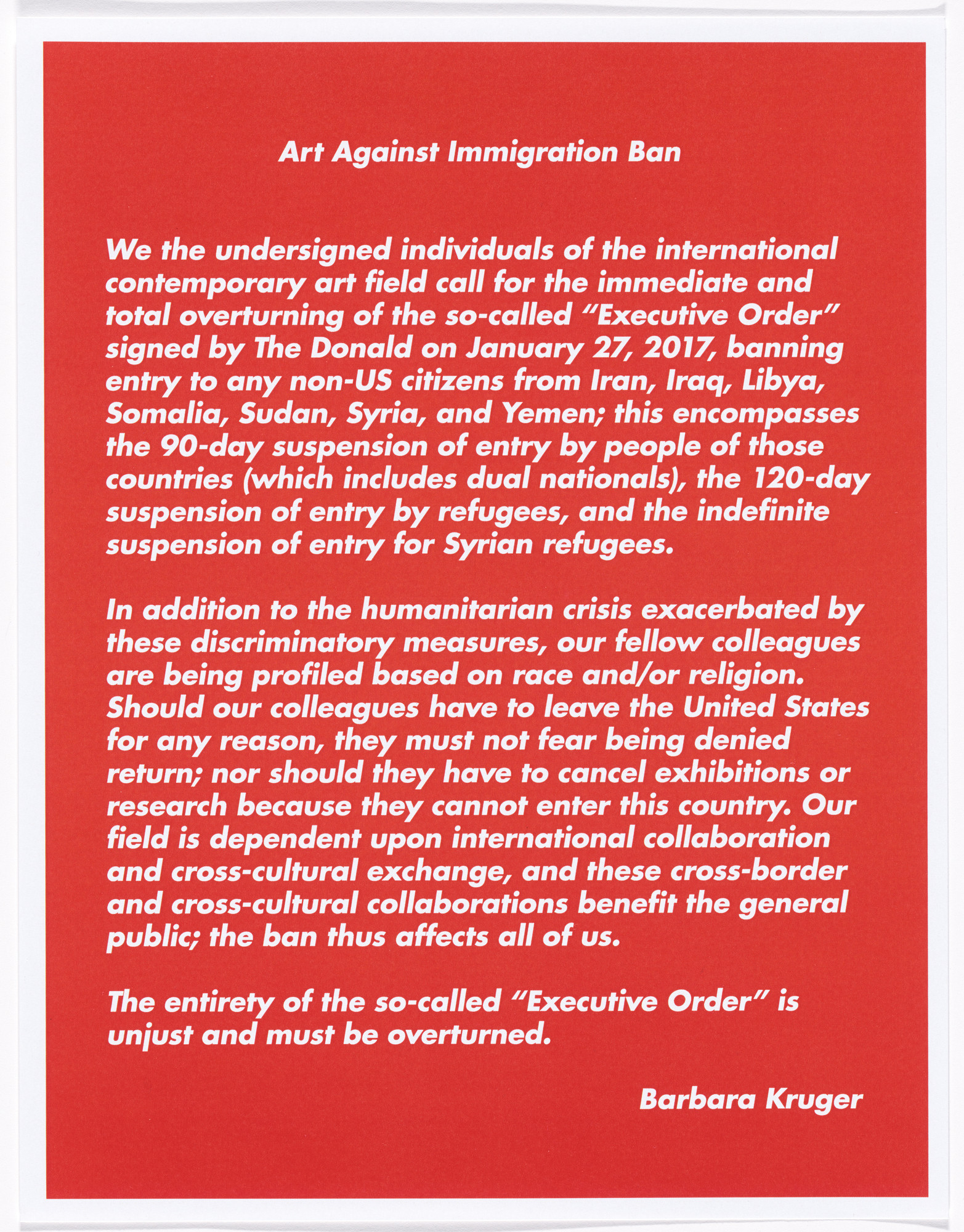 Barbara Kruger. Untitled from Art Against Immigration Ban Letter Portfolio