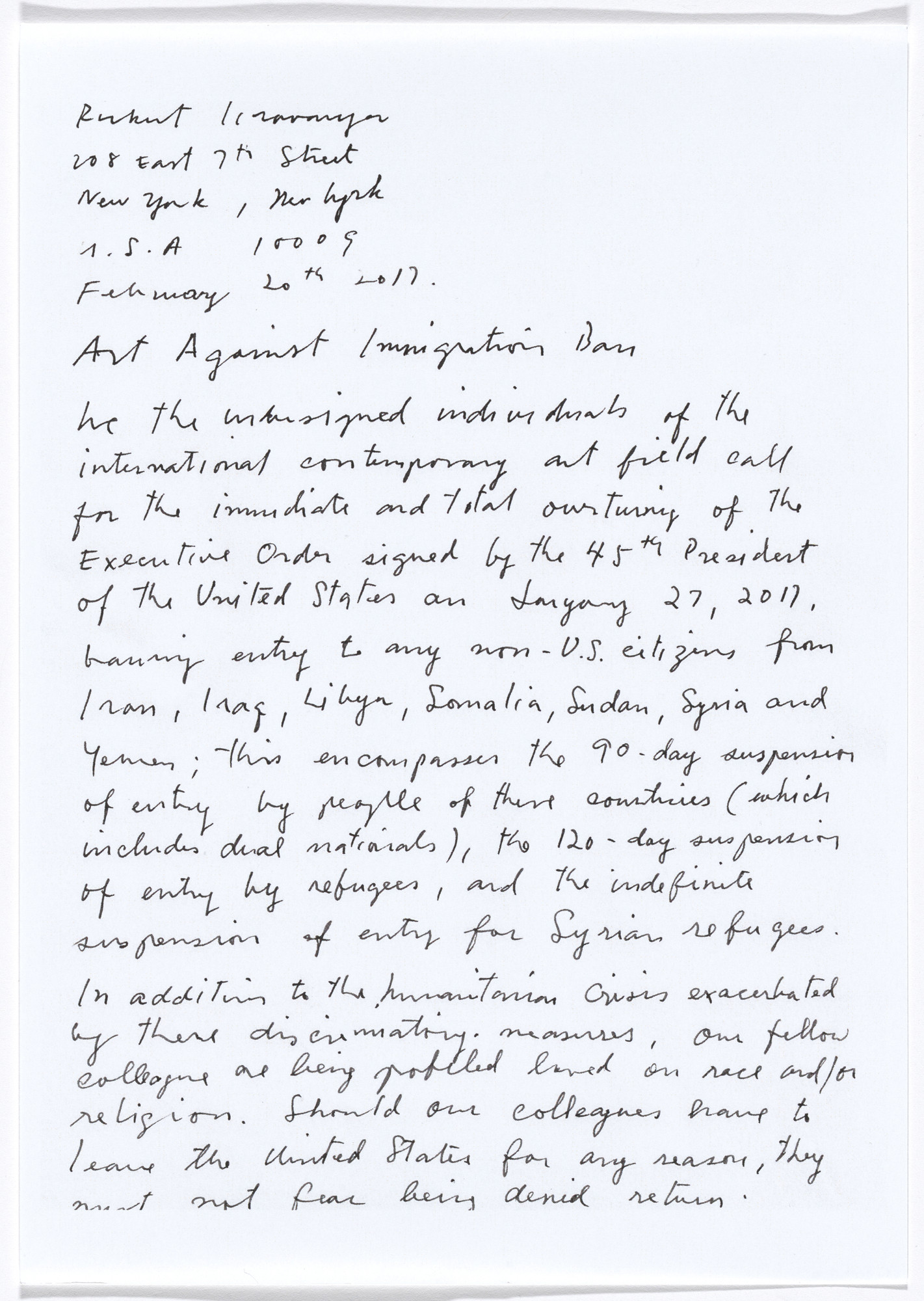 Rirkrit Tiravanija. untitled from Art Against Immigration Ban Letter Portfolio