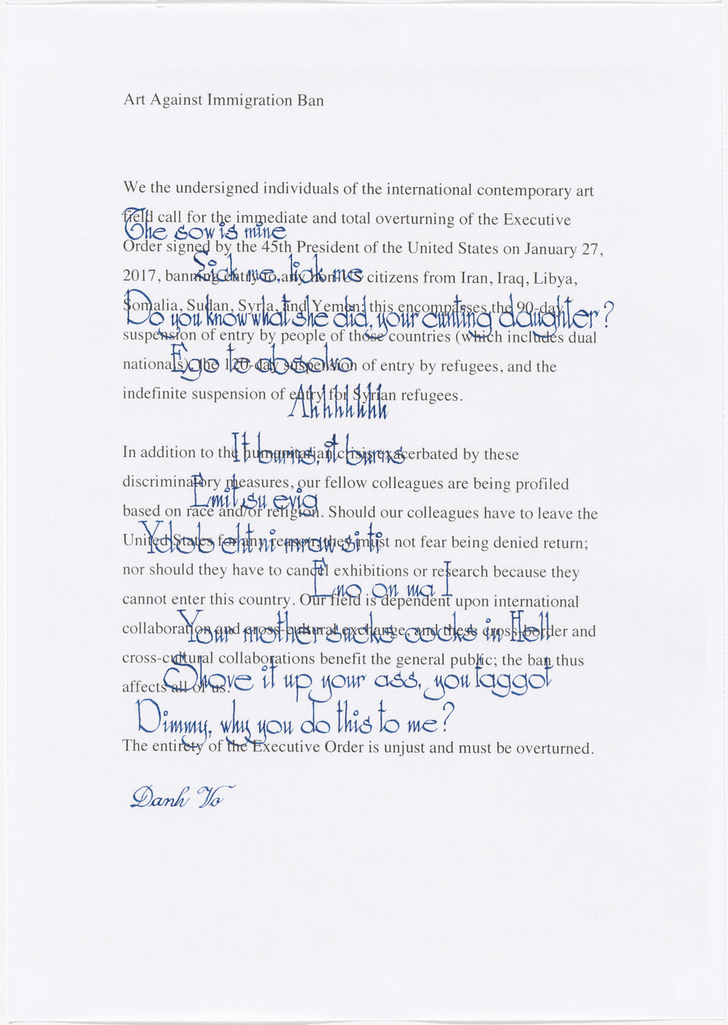 Danh Vo. Untitled from Art Against Immigration Ban Letter Portfolio. 2017