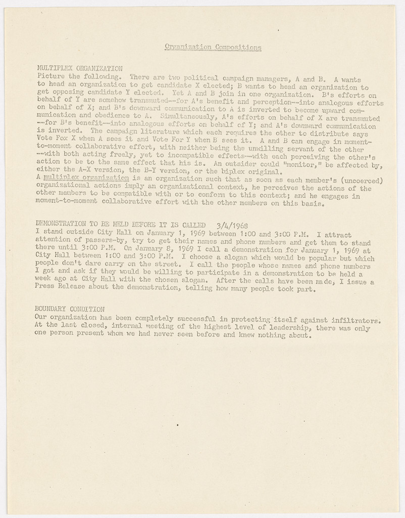 Multiplex Organization, Demonstration to Be Held before It Is Called, and Boundary Condition
