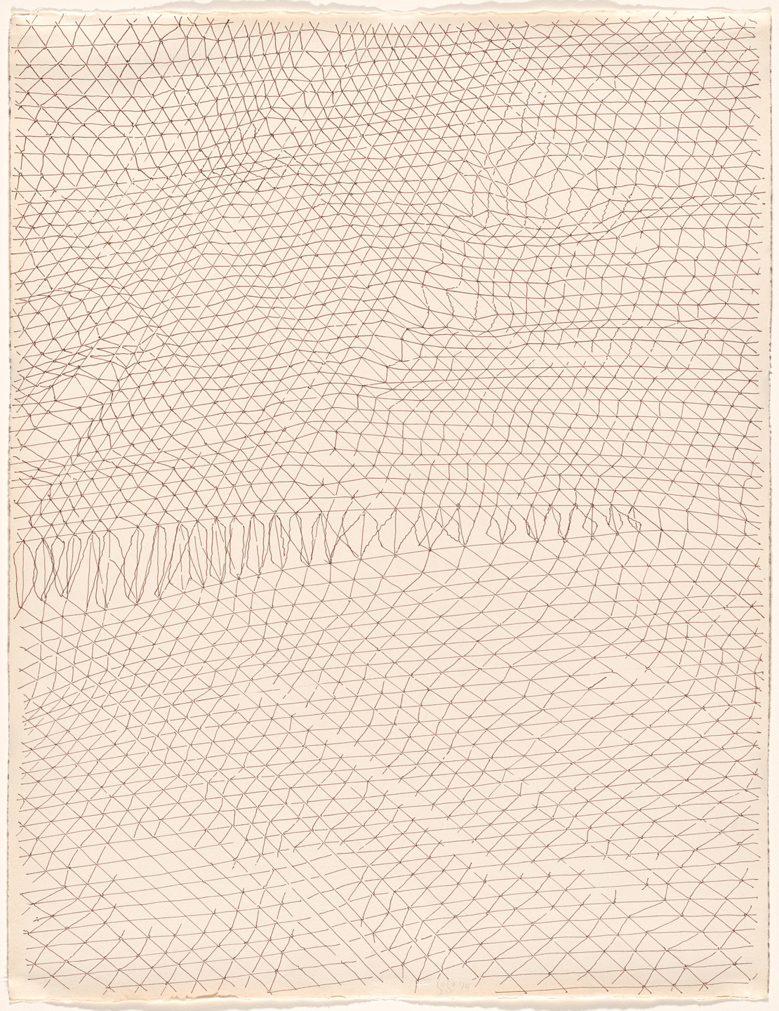 The image depicts a pattern of intersecting curved lines, creating a network of small diamond shapes on a beige background. The lines are predominantly brown and vary in density across the image. This is an AI generated description. To give feedback, email ai@moma.org.