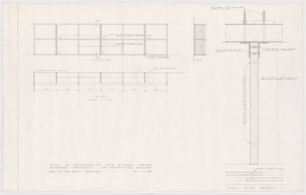 Robert H. McCormick House, Elmhurst, IL (Plan, elevation, section: detail of reenforcing for kitchen cabinet)