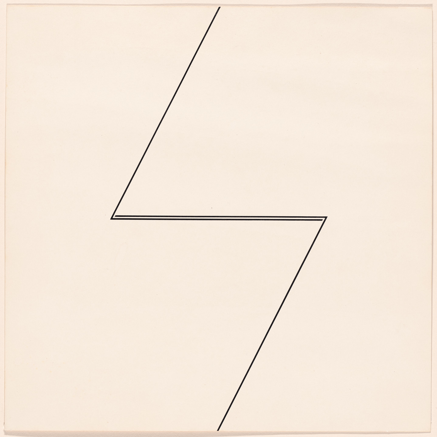 The image shows a cream-colored background with two parallel, diagonal black lines zigzagging and intersecting each other, forming an angular lightning-like shape in the center. This is an AI generated description. To give feedback, email ai@moma.org.
