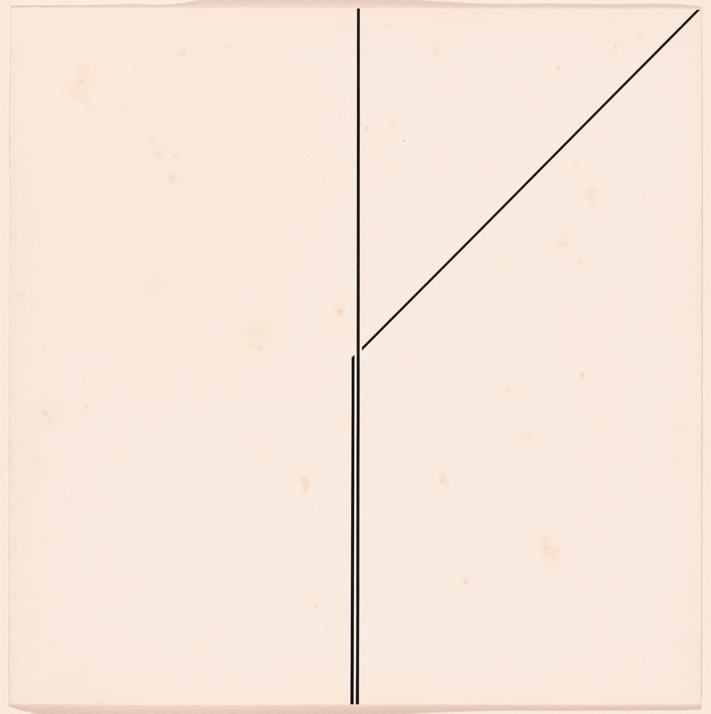 A beige background with three thin black lines: one vertical line in the center, a shorter vertical line slightly offset from the center, and a diagonal line from near the top center to the top right corner. The background has small scattered brown spots. This is an AI generated description. To give feedback, email ai@moma.org.