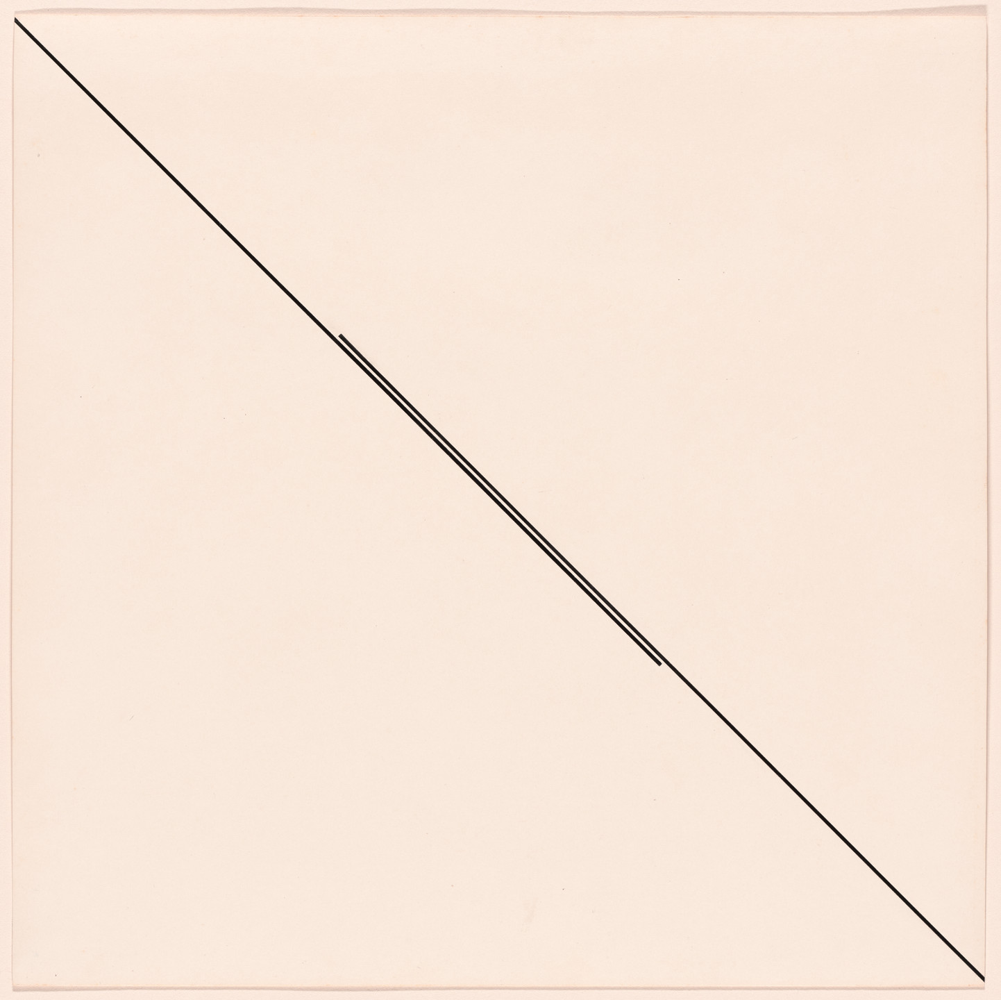 A thin black line runs diagonally from the top left to the bottom right of a beige background. Near the center, two short black segments run parallel to the main line. This is an AI generated description. To give feedback, email ai@moma.org.