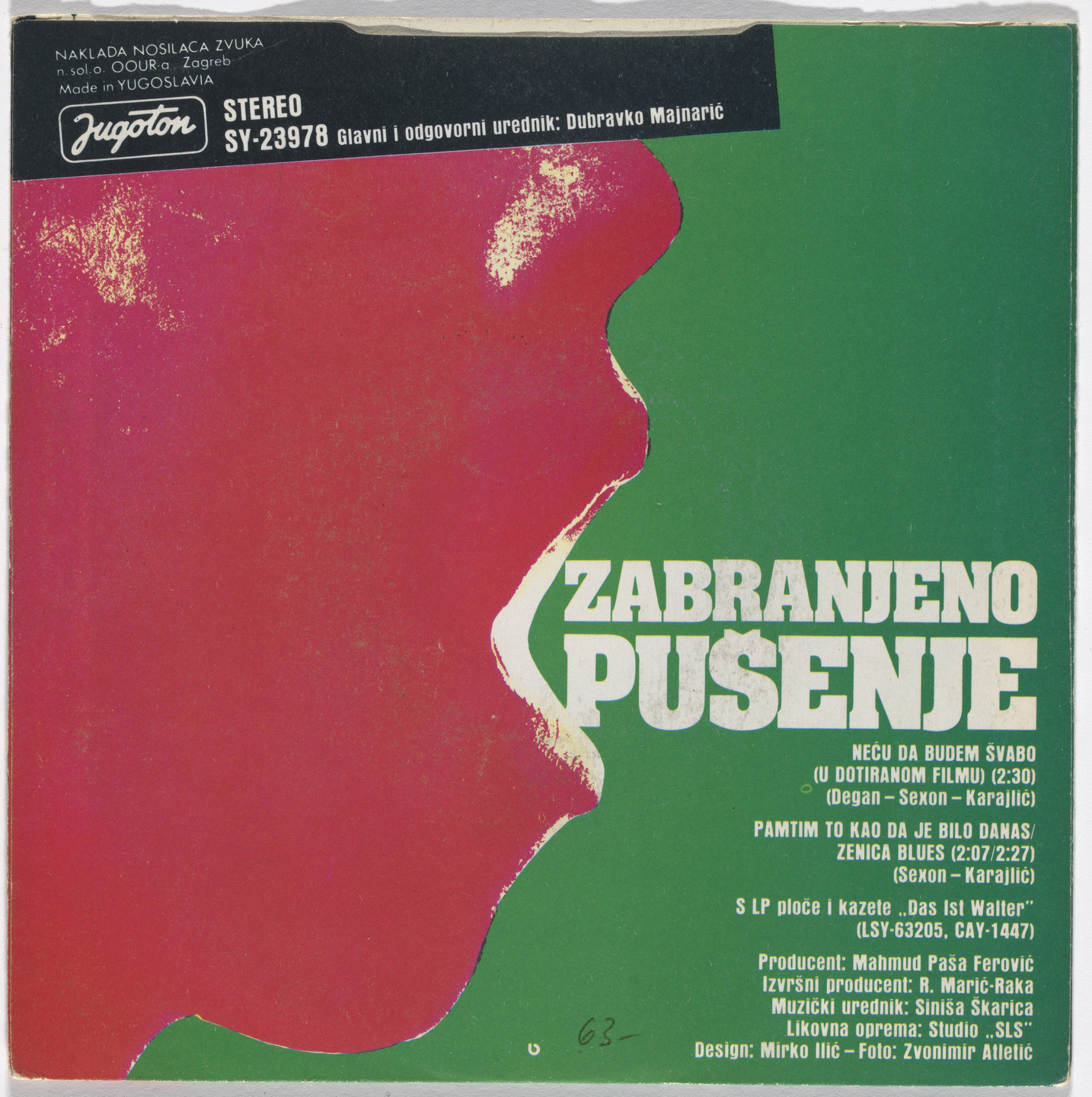 Mirko Ilić, Studio SLS, Zagreb, Croatia, Zvonimir Atletić. Cover for Zabranjeno pušenje (No Smoking) single ‘Neću da budem švabo u dotiranom filmu’ (‘I Don’t Want to Be a Kraut’). 1984