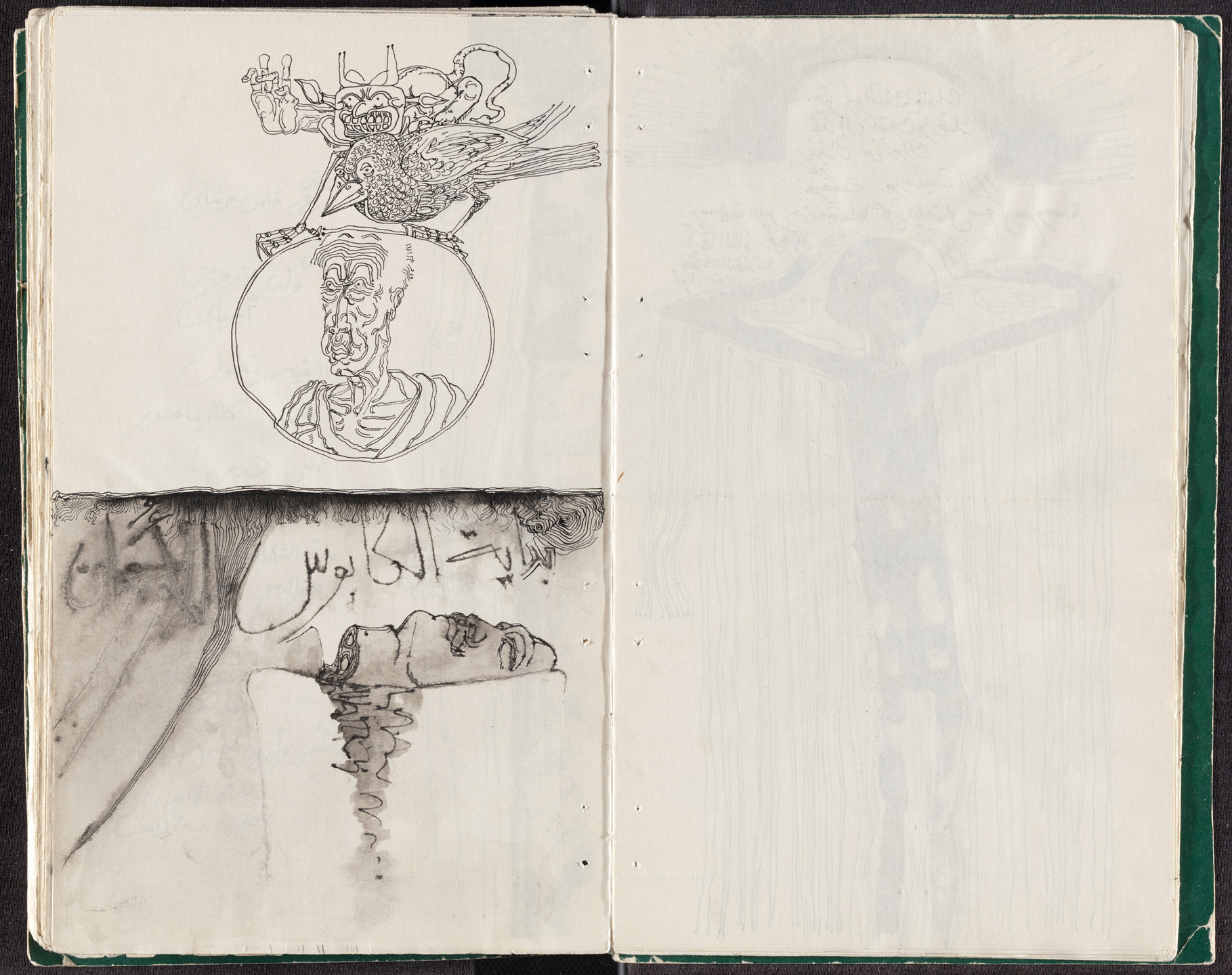 An off-white page features black ink drawings and a wash of black ink at the center seam. The left page features drawings of a face and a bird, while the right page features a faint, full-length figure drawn in blue ink. This is an AI generated description. To give feedback, email ai@moma.org.