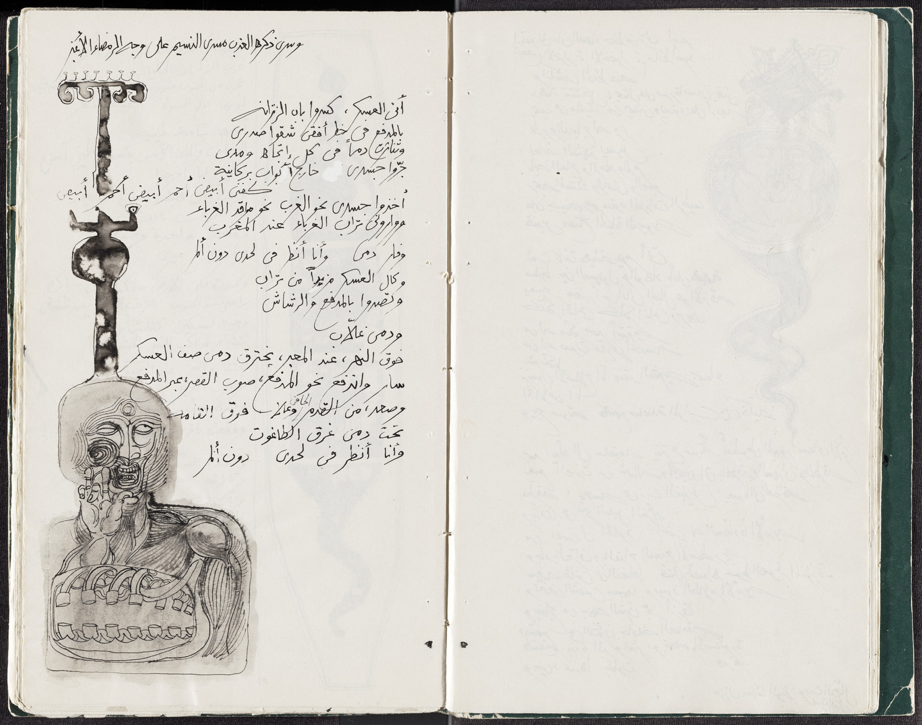 An open book shows an illustration on the left page of a figure with a detailed head and torso, connected to a T-shaped object. Arabic text is written around the figure, while the right page appears blank. This is an AI generated description. To give feedback, email ai@moma.org.