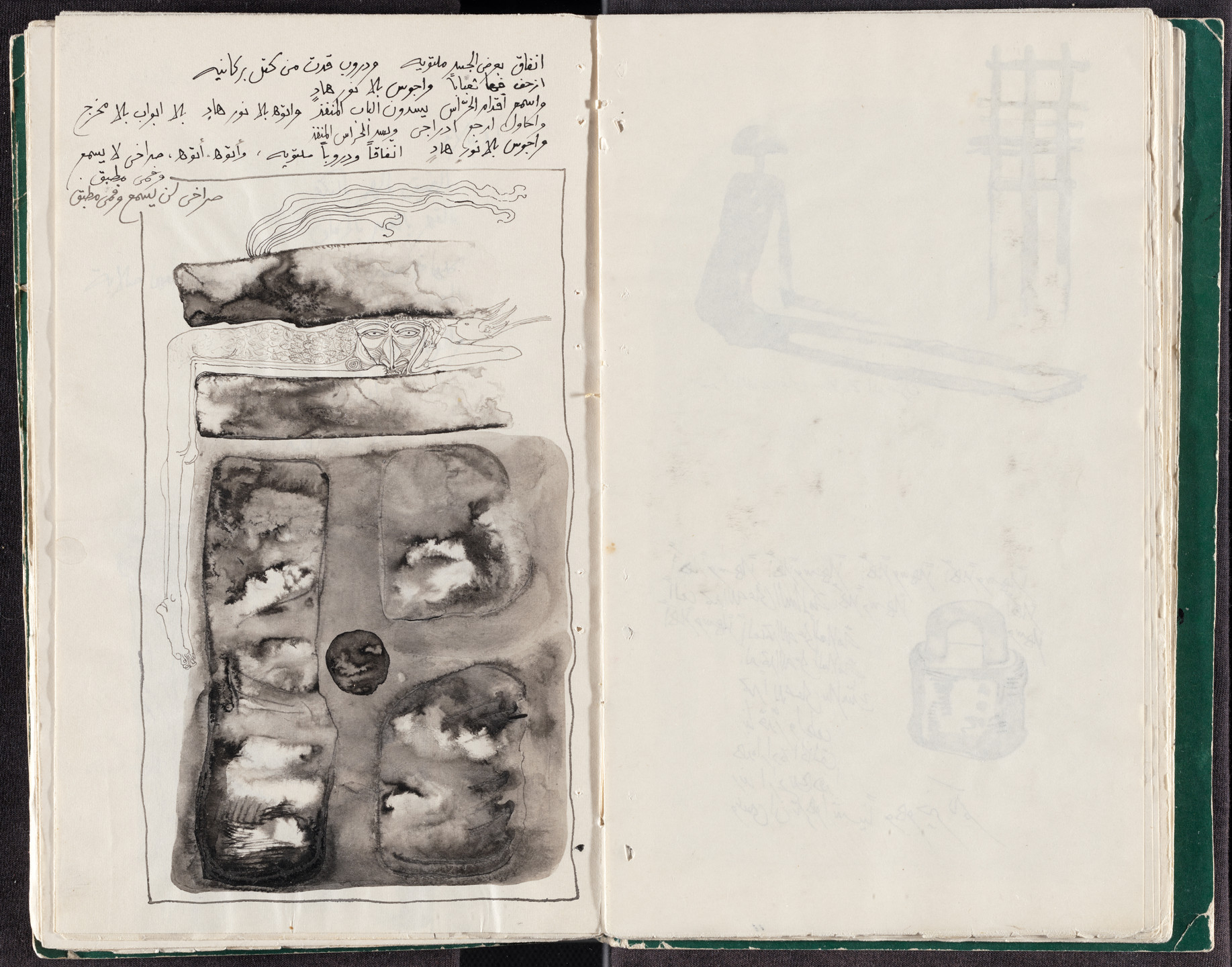 A two-page spread from a bound book features black and grey ink drawings and handwritten text in Arabic on the left page, and faint blue ink drawings on the right page. The left page has a vertical rectangular border that contains most of the artwork. This is an AI generated description. To give feedback, email ai@moma.org.