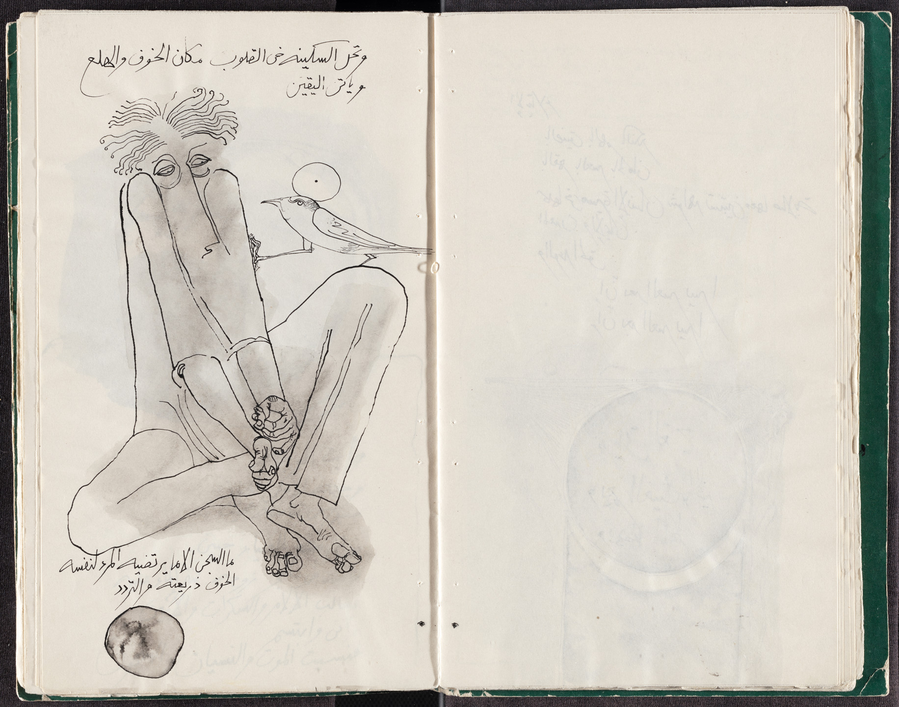 An open book with black ink writing and drawings on the left page predominates the image. The right page is blank, off-white paper. This is an AI generated description. To give feedback, email ai@moma.org.