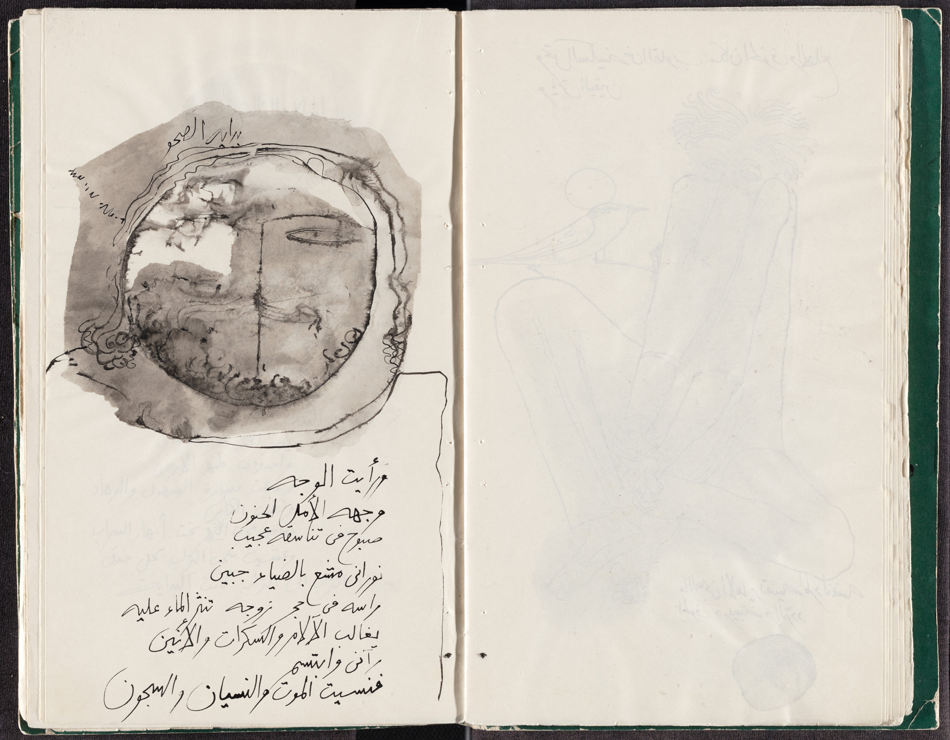 A page displays a black and grey ink drawing of a face with shaded areas, surrounded by Arabic text. The adjacent page features a faint pencil sketch of a seated person holding a bird. This is an AI generated description. To give feedback, email ai@moma.org.