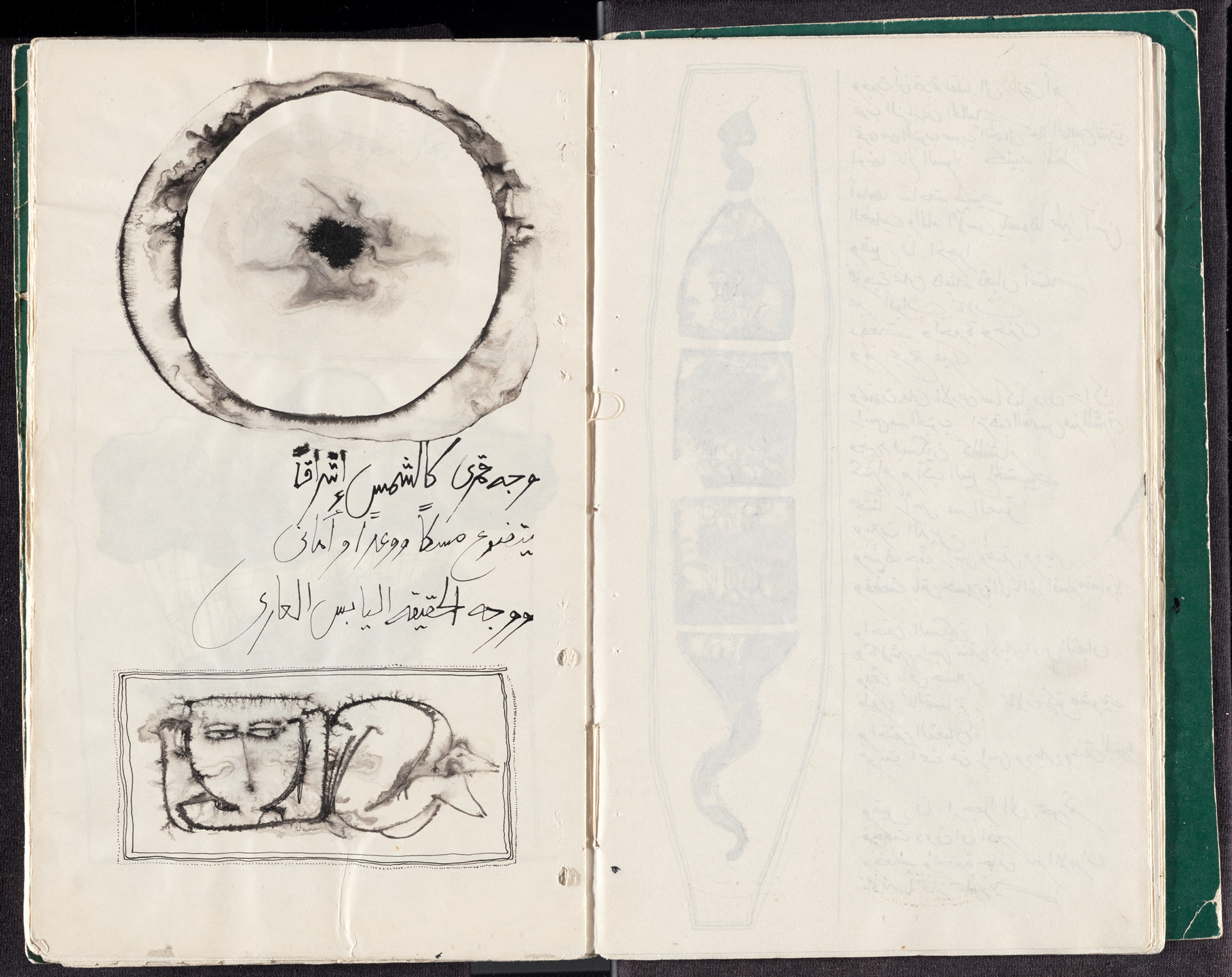 An open book with off-white pages contains black ink drawings and cursive Arabic script. A green cover is visible to the right. This is an AI generated description. To give feedback, email ai@moma.org.